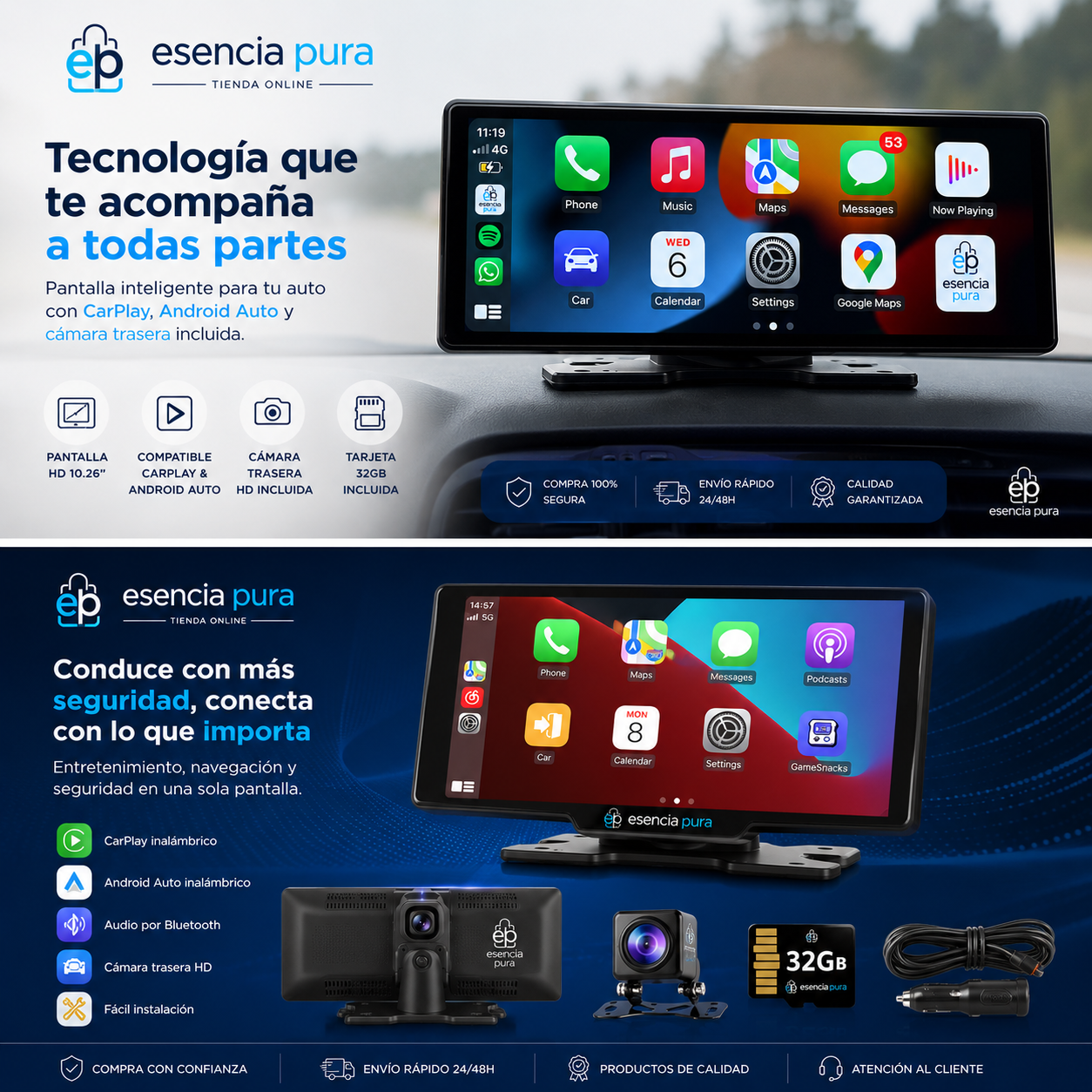 Pantalla de coche Apple & Android CarPlay