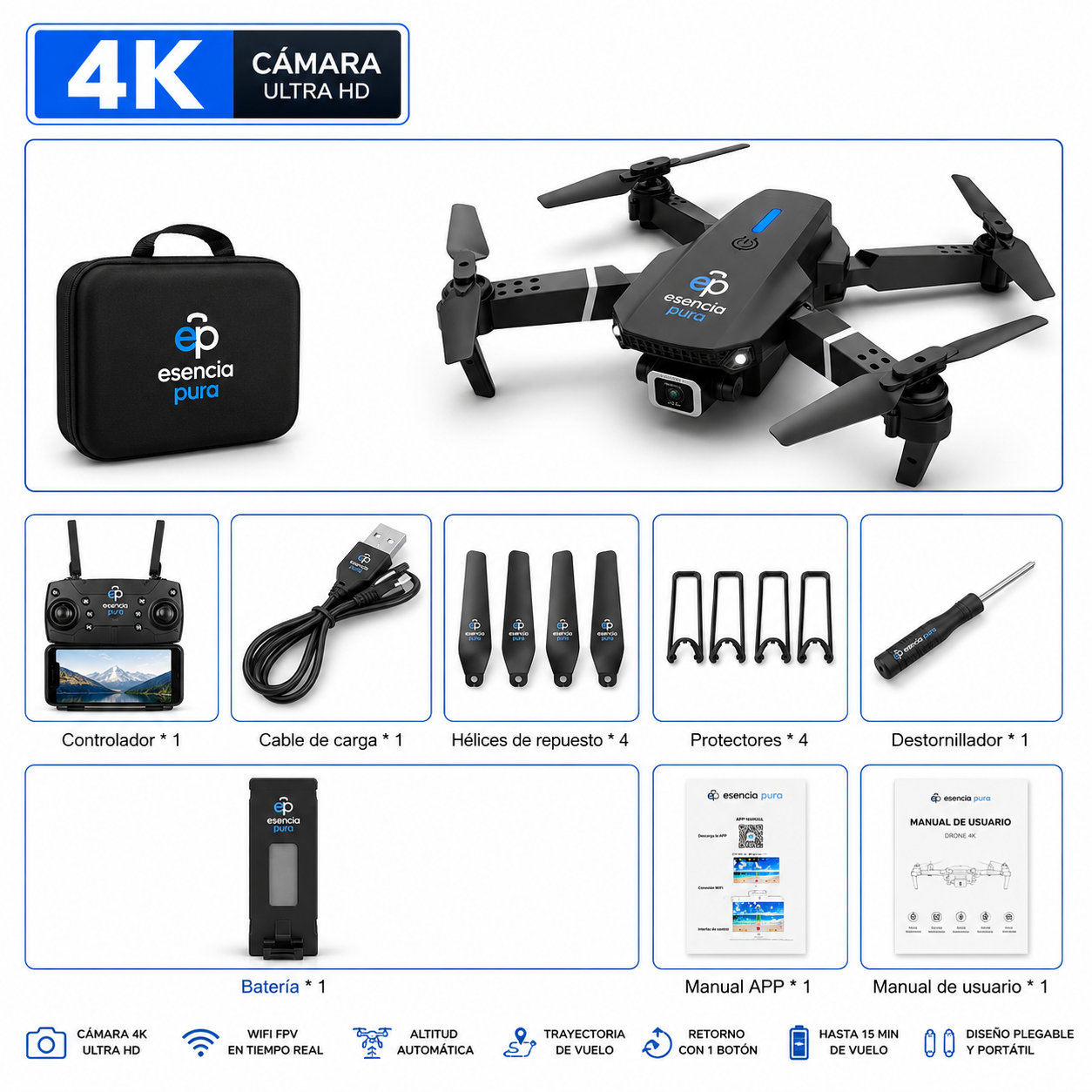 E88 Pro Foldable Quadcopter Drone - WIFI FPV, HD 4K Camera, Altitude Hold